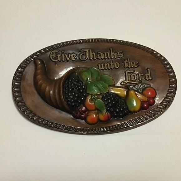 Vtg 1970s Chalkware Give Thanks Unto the Lord Cornucopia Wall Plaque 15" 3D - Picture 2 of 6